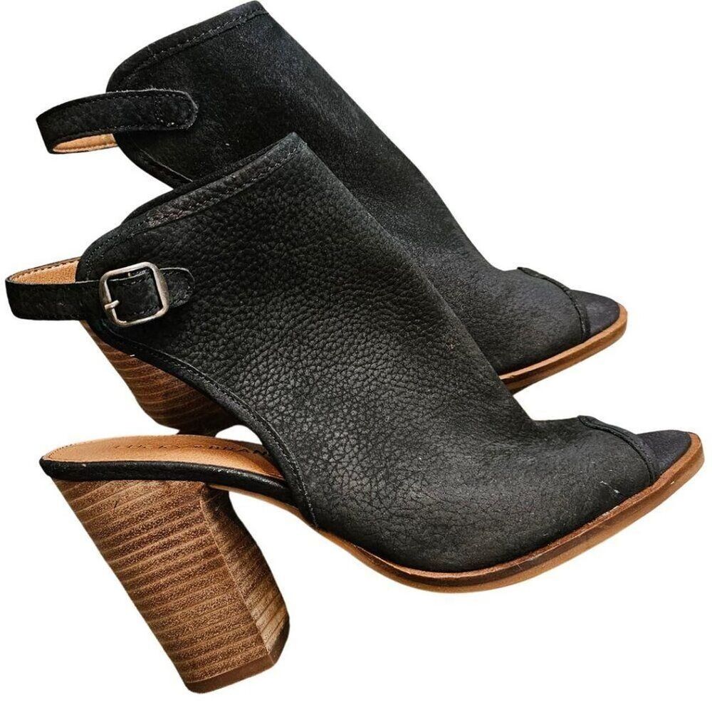 LUCKY BRAND Stacked Heel Sandal Black Leather Block High Heel Open Toe Boho 8M